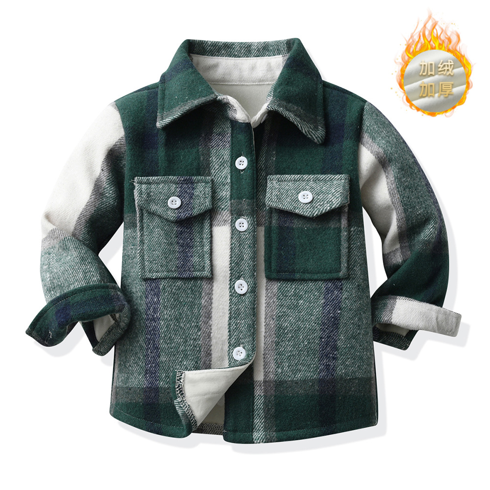 Camisas de celosía europeas y americanas para niños y niñas, botones de una sola fila, solapa de terciopelo gruesa, cardigan de manga larga caliente, moda