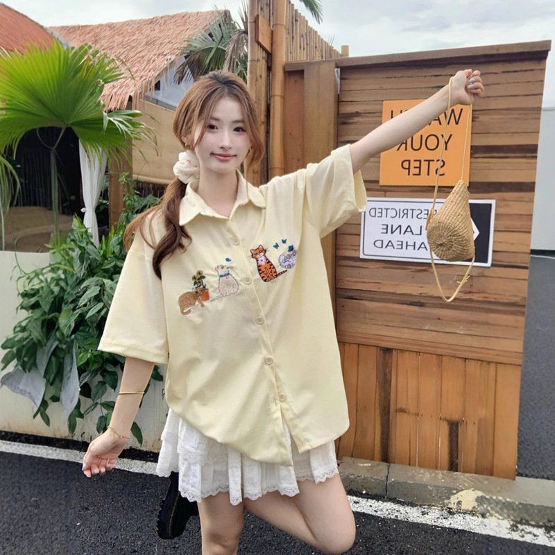 American Retro Fun Cute Cat Embroidery Literary Casual Long-Sleeved Shirt Women's Summer New Half-Sleeved Shirt