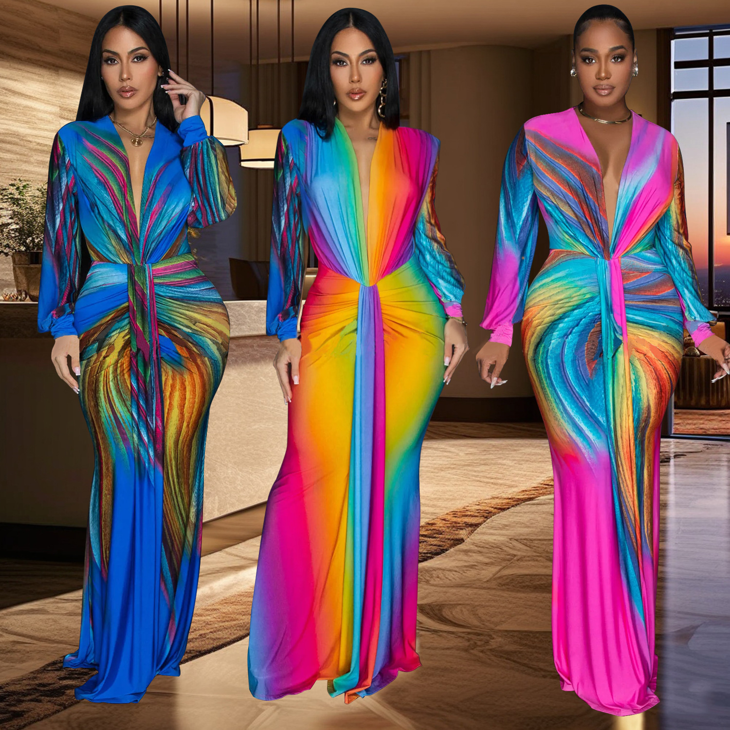C6952 AliExpress transfronterizo Amazon estación independiente de moda europea y americana ropa de mujer de color plegado vestido casual largo image 1