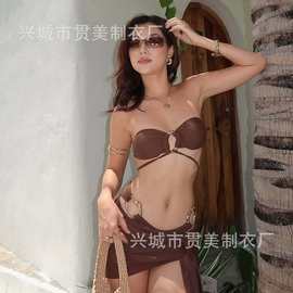 新款欧美时尚潮款沙滩分体泳衣抹胸金属环高级感泳装性感比基尼女