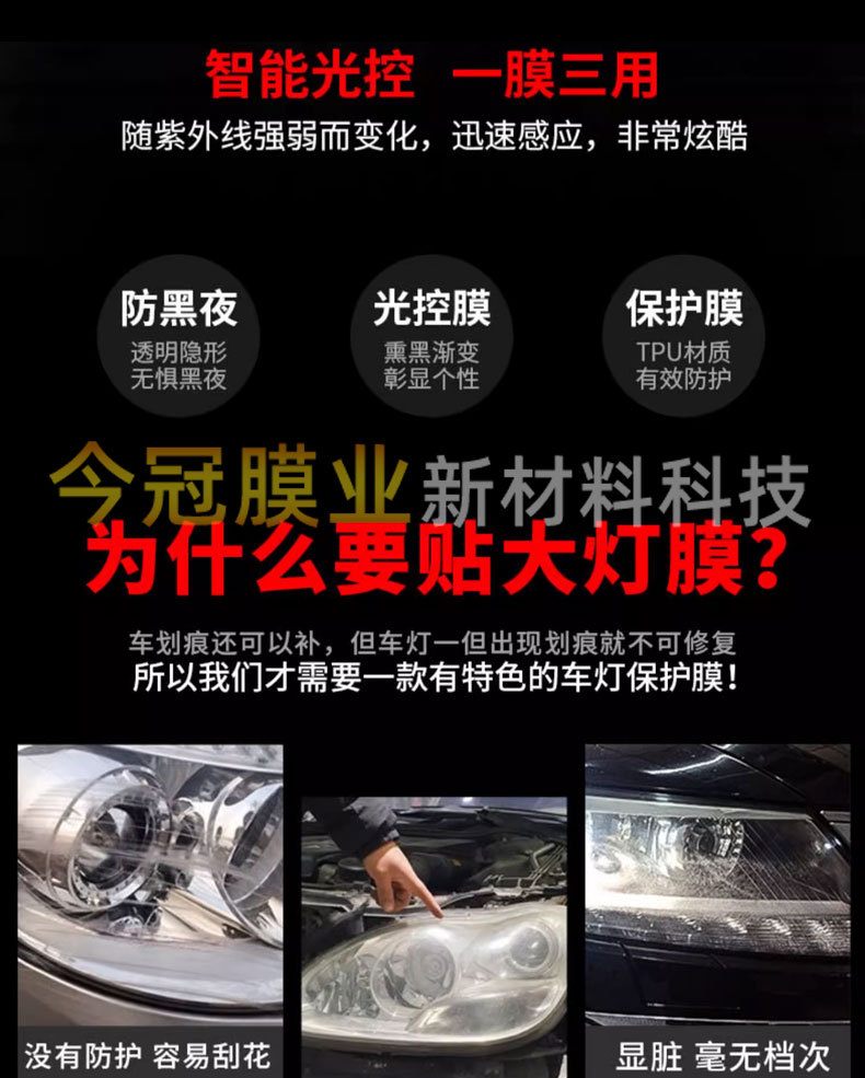Tpu Headlight Blackening Protective Film, Car Light Protective Film, Light-Controlled White-To-Black Light Film, Transparent Blackening Tail Light Film
