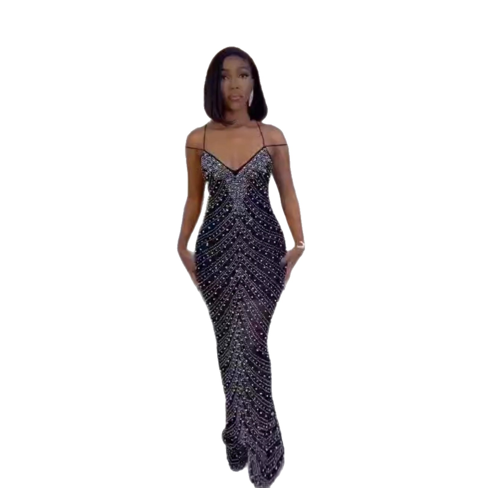 Elegant Backless Bodycon Midi Dress With Pearl Accents | Sexy Mesh & Rhinestone Strap Dress For Parties & Date Nights_ecoleips.com