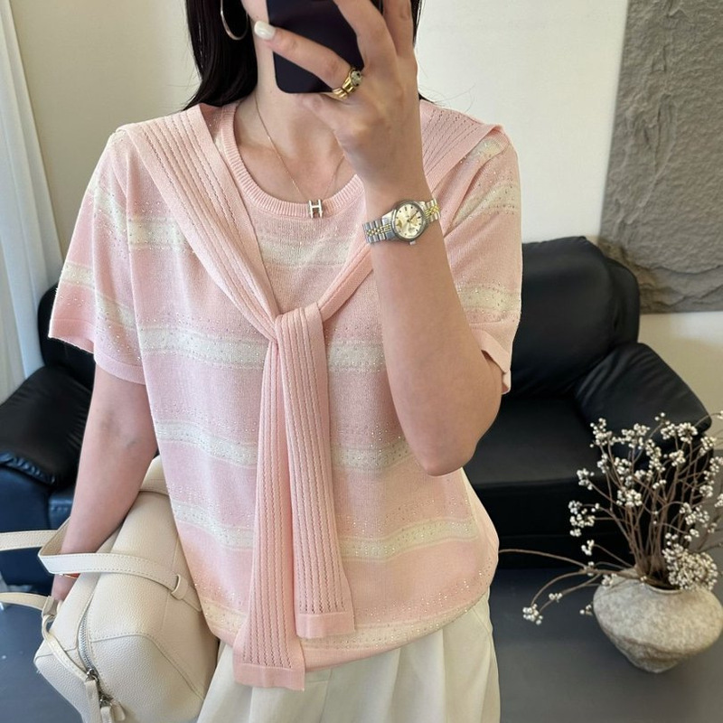 Clearance Sale: Striped Short-Sleeve Knit Top for Women, Summer New Style, Versatile, Comfortable, Sweet T-Shirt Top