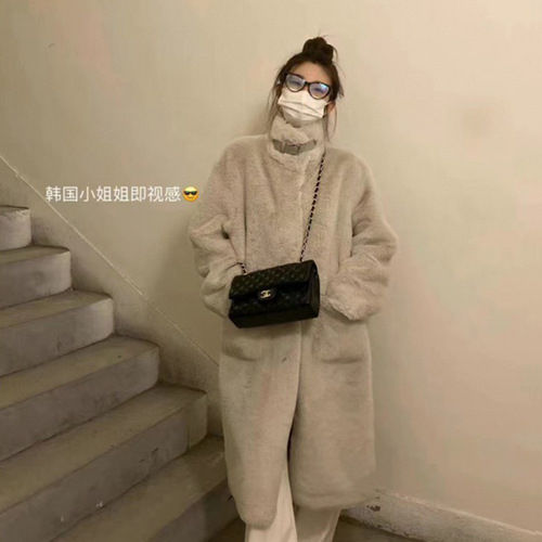 Women's winter faux fur leather coat, long length faux mink plush, over-the-knee turtleneck faux fur coat