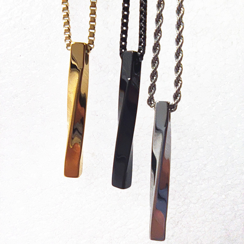 嘻哈哈項鏈男女潮流時尚百搭不鏽鋼方形吊墜 複古扭曲長條吊墜