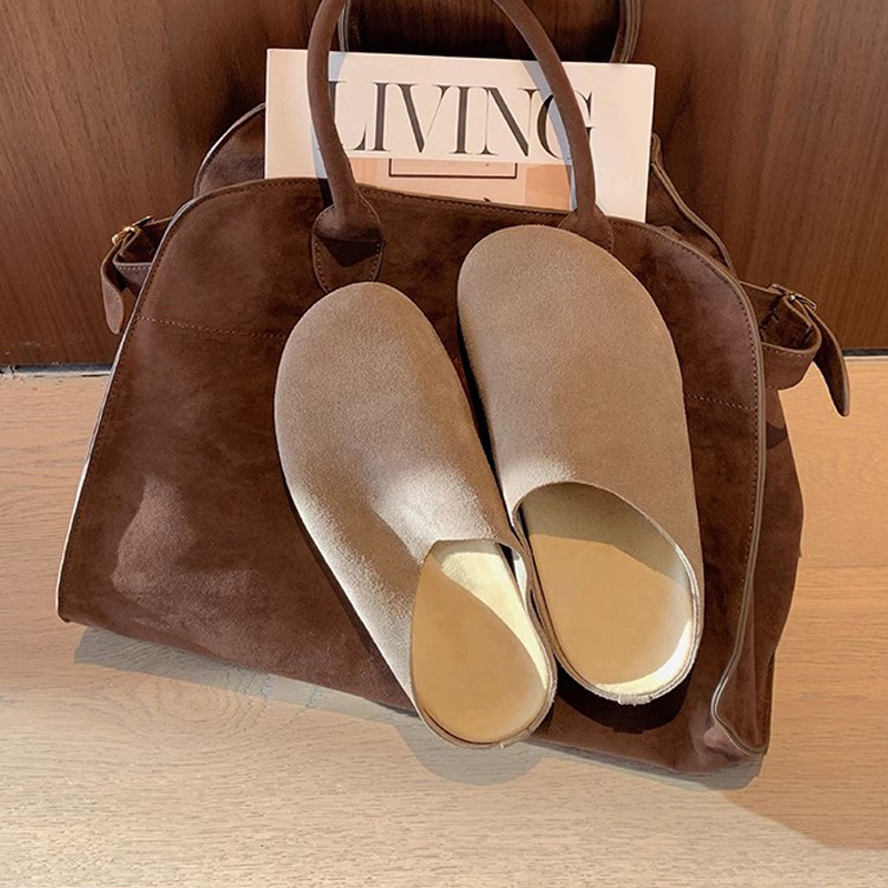 Grape Mom otoño nuevo cuero estilo row superficie suave hombre perezoso con un pie suela gruesa cabeza grande zapatos Birkenstock media pantuflas mujeres