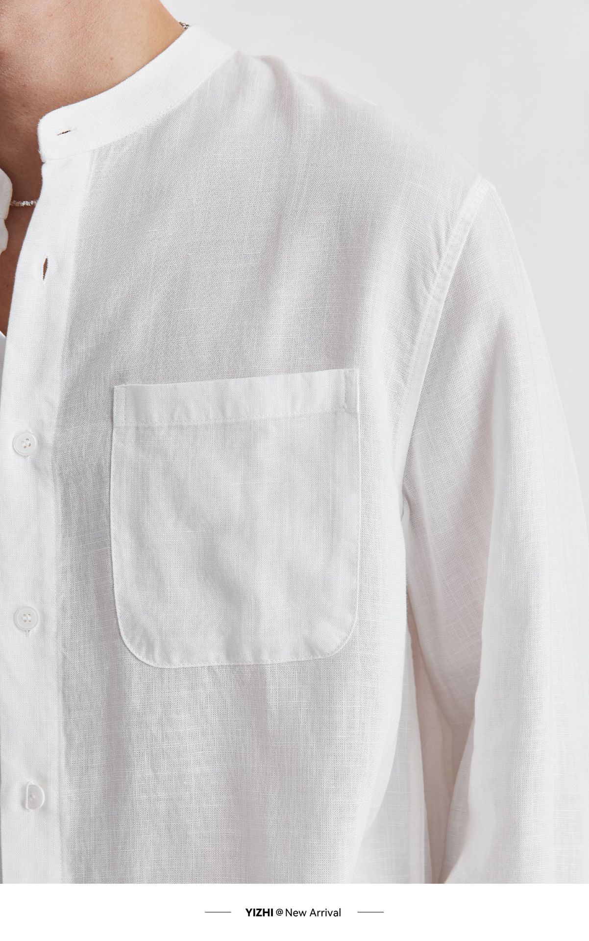 Áo sơ mi nam linen cổ đứng tay dài mùa hè, chất liệu lanh thoáng khí, phong cách Trung Hoa, túi đơn — Xanh navy chi tiết 12