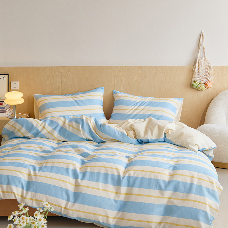 Nordic French Vintage Boho Double-layer All-cotton Four-piece Set, Pure Cotton Striped Simple High-end Bedding, Three-layer Gauze Bed Sheet And_voghion.com