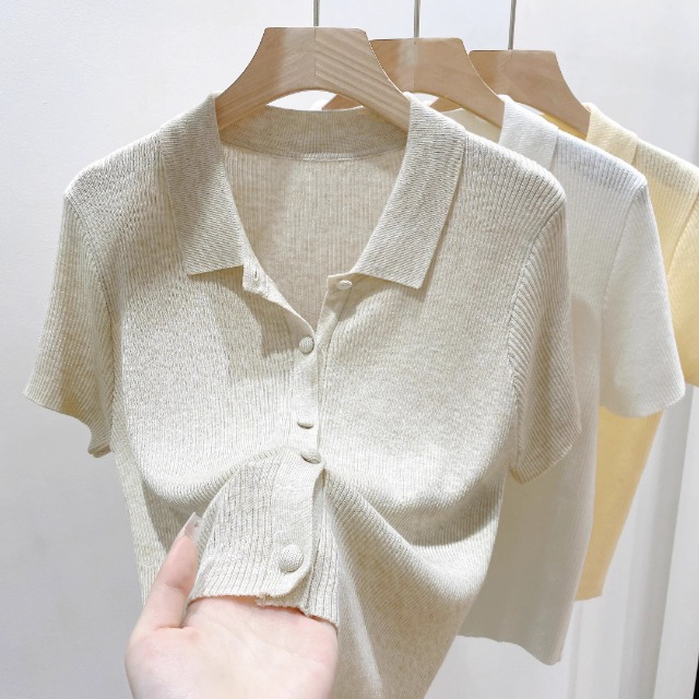 Áo thun polo nữ tay ngắn cổ bẻ chất liệu len lụa mát mẻ — màu trắng chi tiết 3