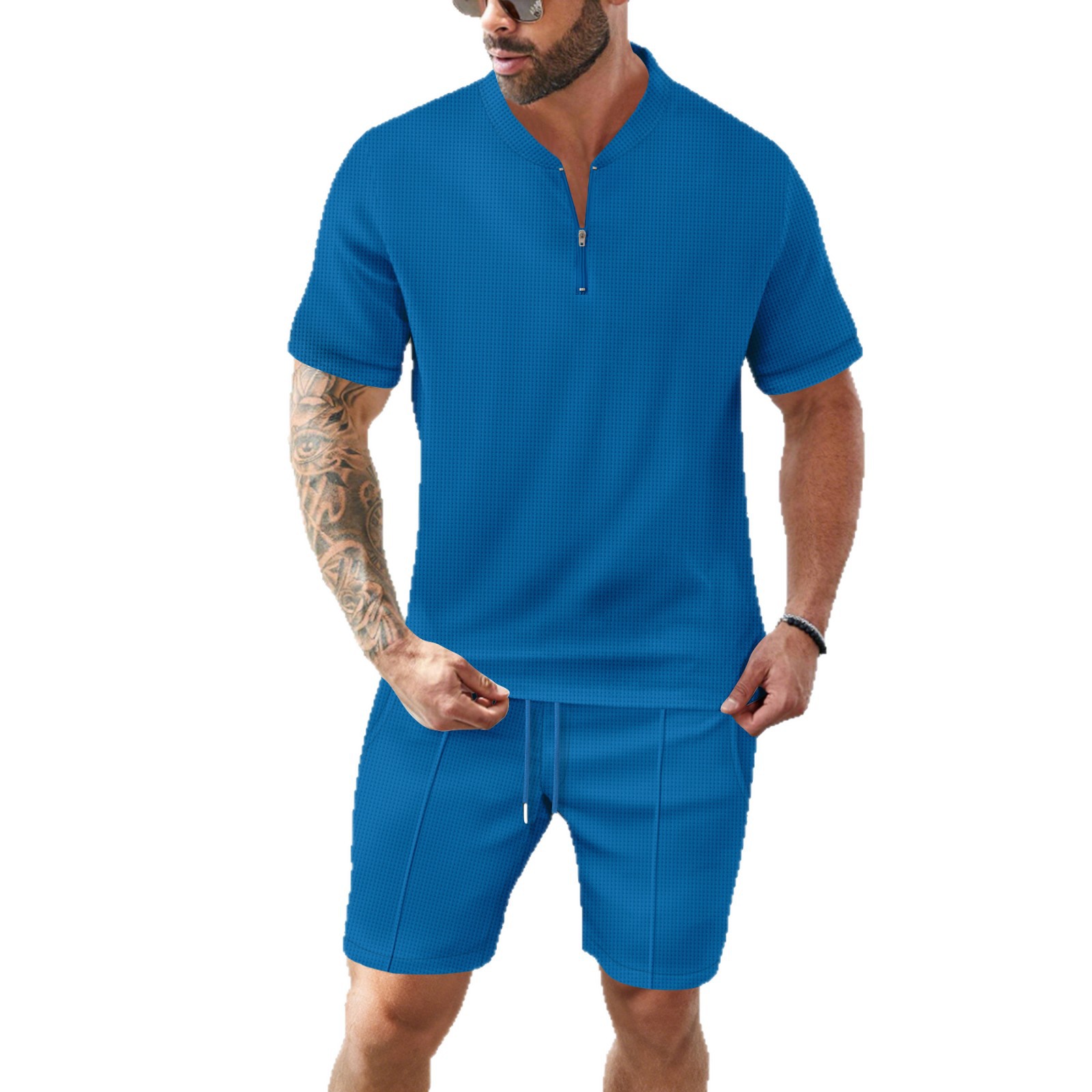 Men's European American Waffle Stand Collar Zipper Breathable Solid Color Casual Comfortable Short Sleeve Two Piece Set_voghion.com