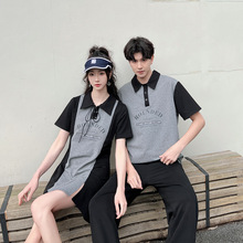 情侣装一件代发2023新款女韩版短款拼色连衣裙男翻领短袖T恤衫