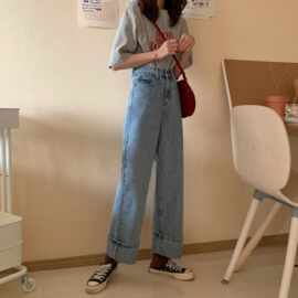 牛仔长裤女2022夏季新款韩版宽松阔腿卷边牛仔裤高腰学生直筒裤女