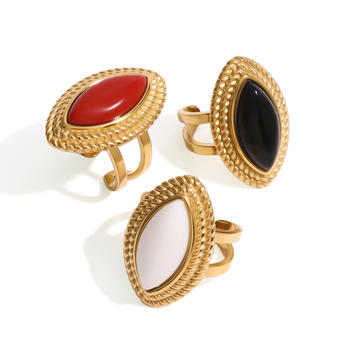 Jieding europeo y americano acero inoxidable 18k oro negro ágata abierto anillo de lujo ligero retro de la industria pesada joyería de comercio exterior femenino