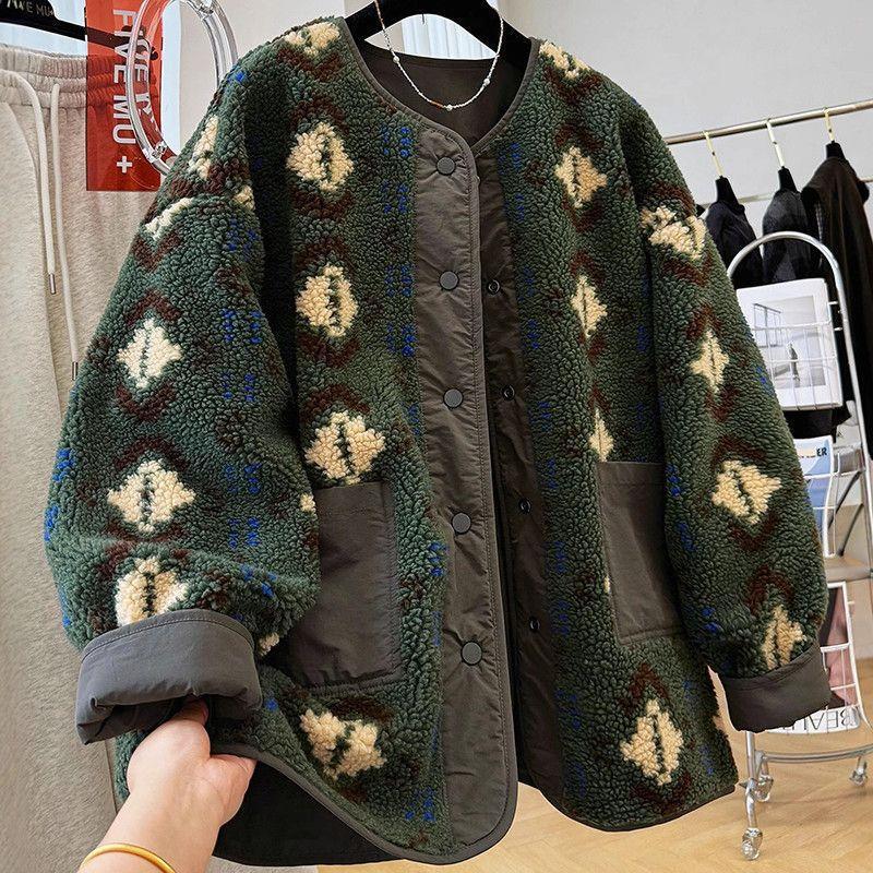 Reversible Green Lamb Wool Round Neck Floral Jacket Autumn New Polar Fleece Splicing Loose Style Jacket