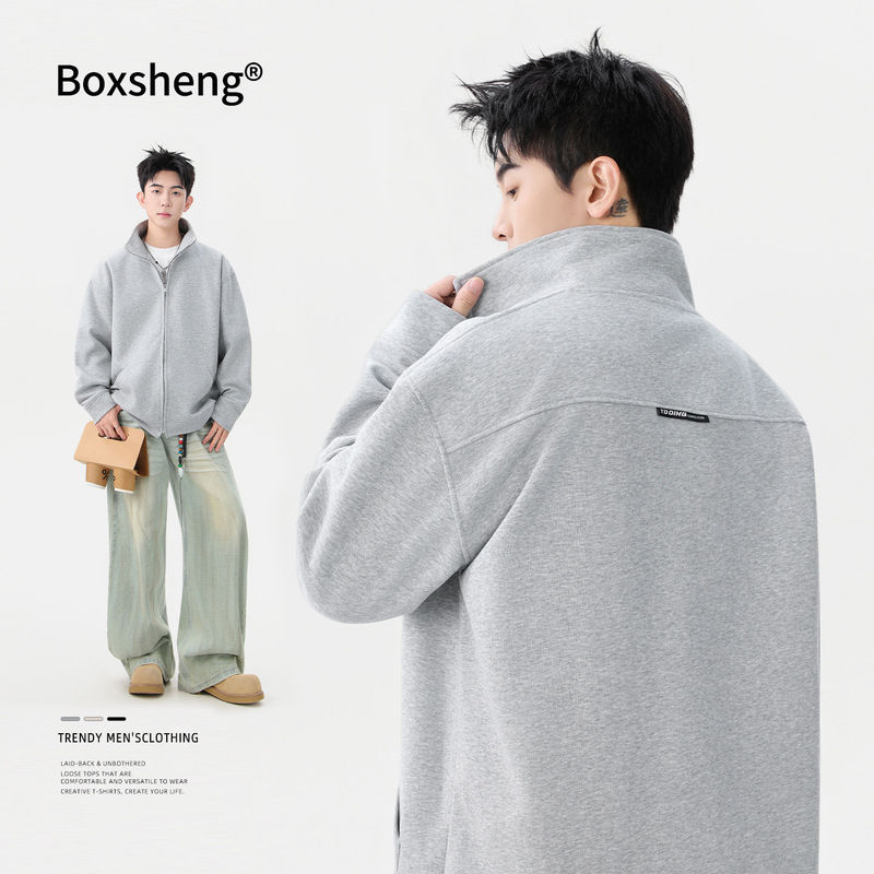 Spring and Autumn Style Zip-Up Sweatshirt for Men, Loose Fit with Drop Shoulder Sleeves, 2026 New Spring Men's Long-Sleeve Jacket