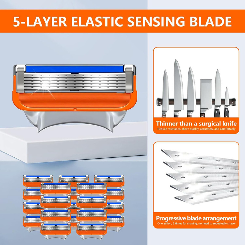 16Pcs Five-Layer Blade Orange Razor Head Manual Razor for Men, Specially Designed for Airplane Travel, Global Cross-Border Hair Removal