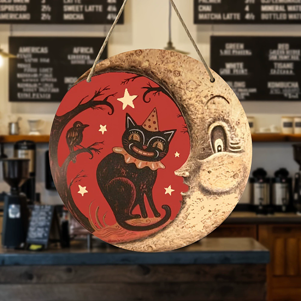 Пограничная temu домашняя декоративная Halloween луна черная кошка деревянная круглая табличка декоративная вывеска