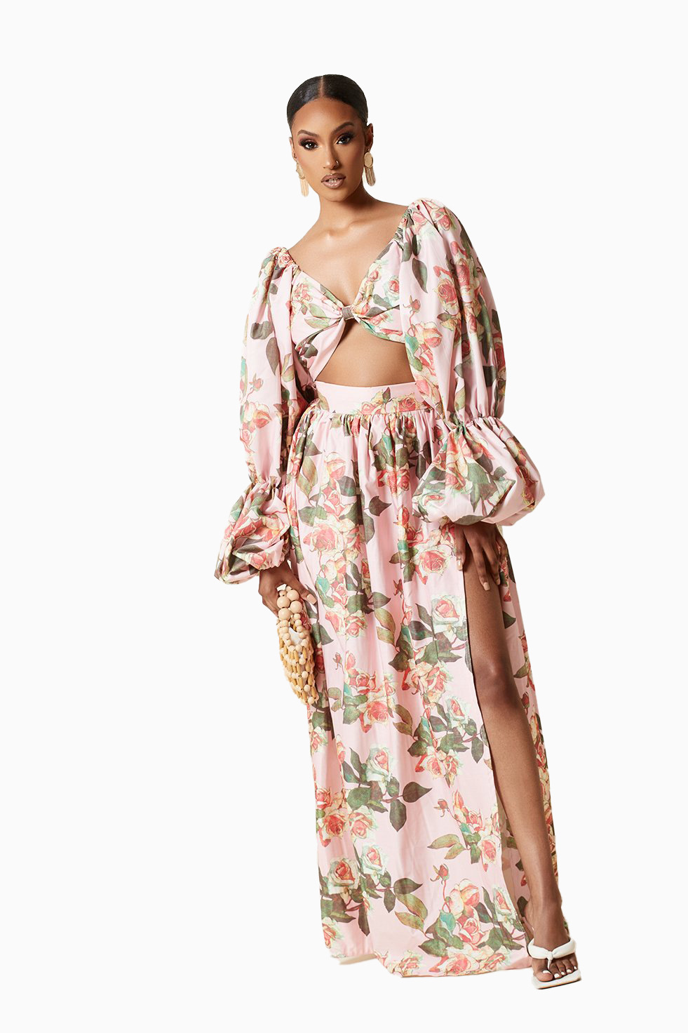 New Women's Long Sleeve Printed Sexy Top Two Piece Slit Long Sleeve Dress