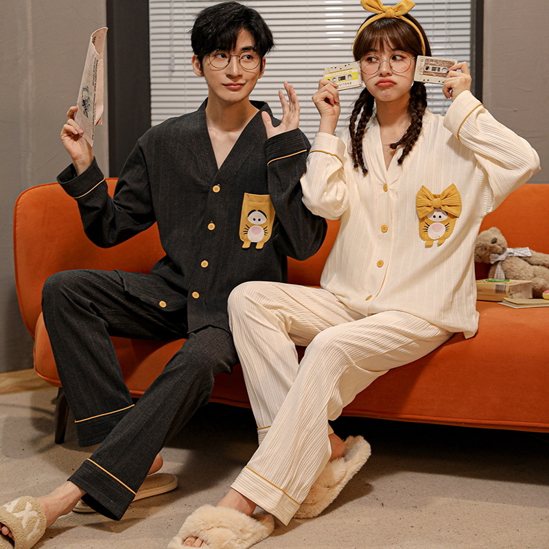Pijamas de pareja de Mujeres de primavera y otoño de algodón de manga larga de los hombres más tamaño prendas de vestir exteriores cardigan simple