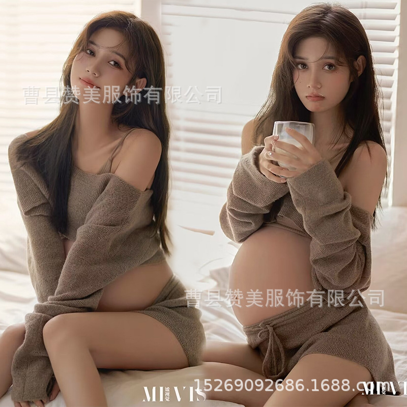 Pregnant women's photo clothing photo studio photography pregnant mi big belly photo knitting warm home maternity photo clothes at home