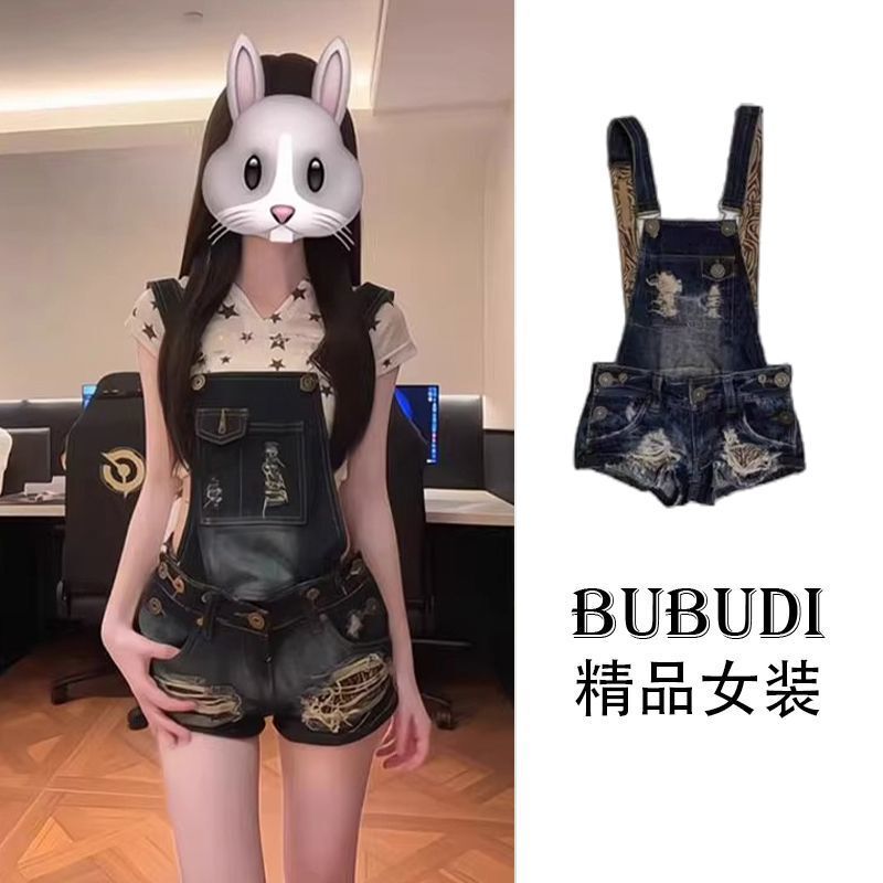 2025 Summer American Hot Girl Washed Vintage Distressed Ripped Denim Overalls Women's Slimming Hip Shorts Trend