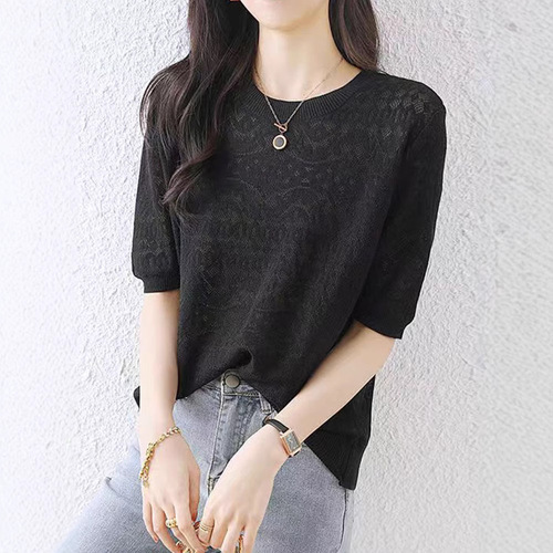 New Women's Lace Ice Silk T-Shirt 2025 Summer Thin Casual White Short-Sleeve Knit Top