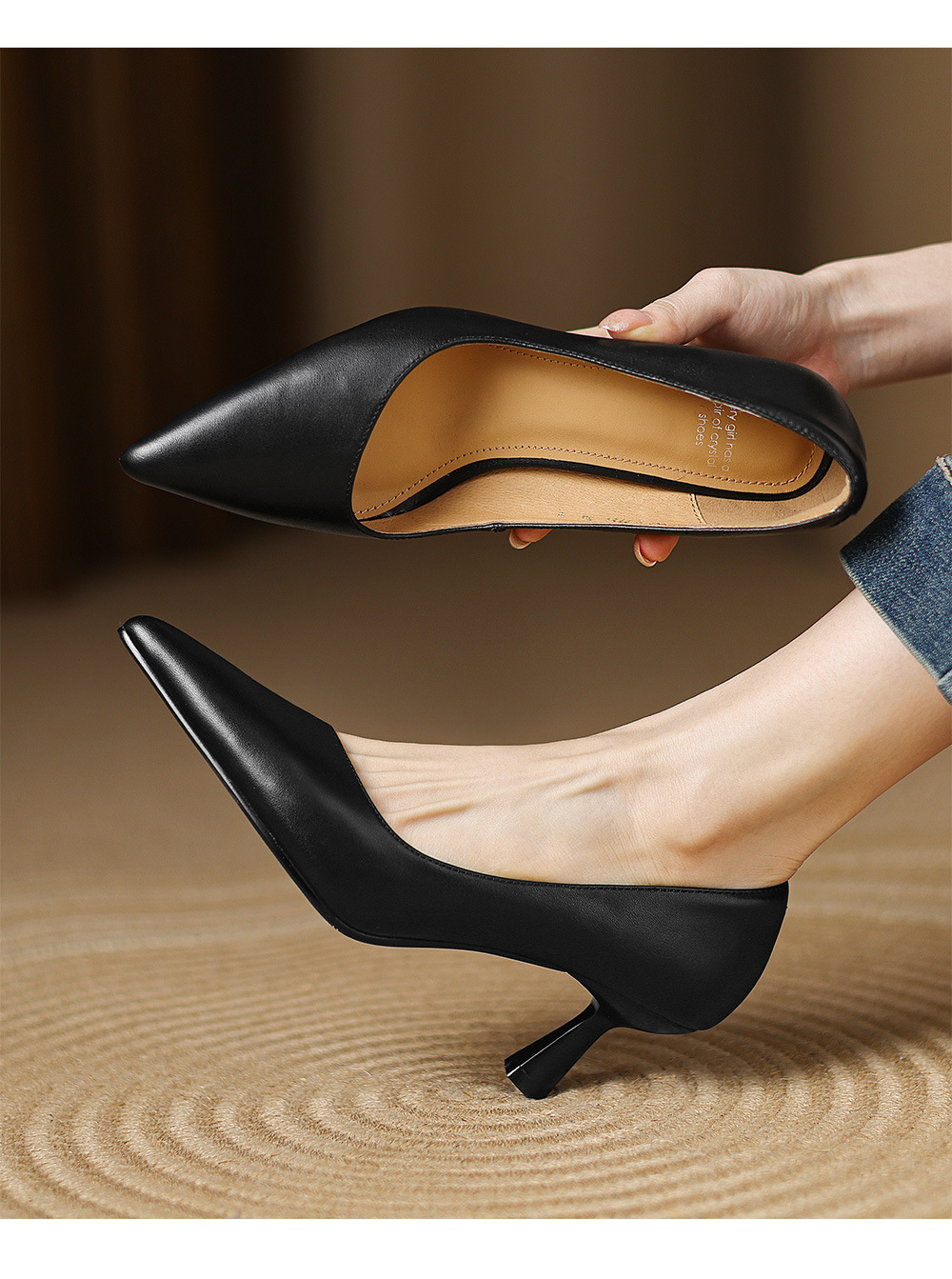Giày cao gót nữ mũi nhọn gót 6 cm da bò thật phong cách Hàn Quốc — Màu nâu chi tiết 7