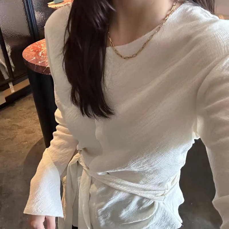 In-Stock 2026 Spring New Korean Dongdaemun Solid Color Round Neck Pullover Tie-Waist Long Sleeve Shirt Top for Women