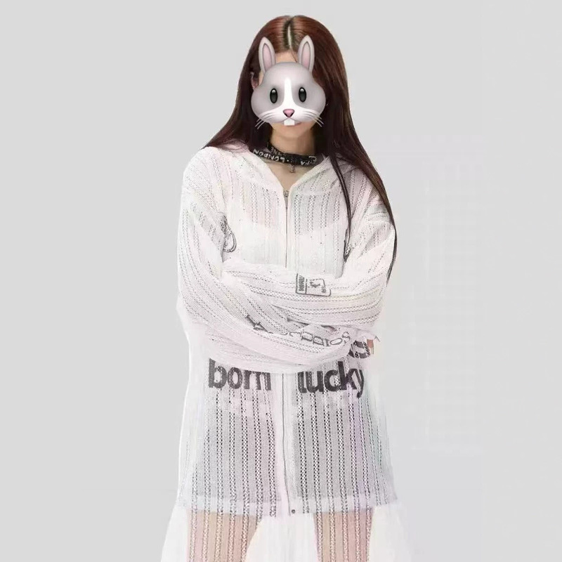 Korean-Style Sweet and Cool Letter-Printed Hooded Knitwear with Slightly See-Through Hollow-Out Design, Sun-Protective Cover-Up, Loose Fit and Slimming Effect Korean-Style Sweet and Cool Letter-Printed Hooded Knitwear with Slightly See-Through Hollow-Out Design, Sun-Protective Cover-Up, Loose Fit and Slimming Effect