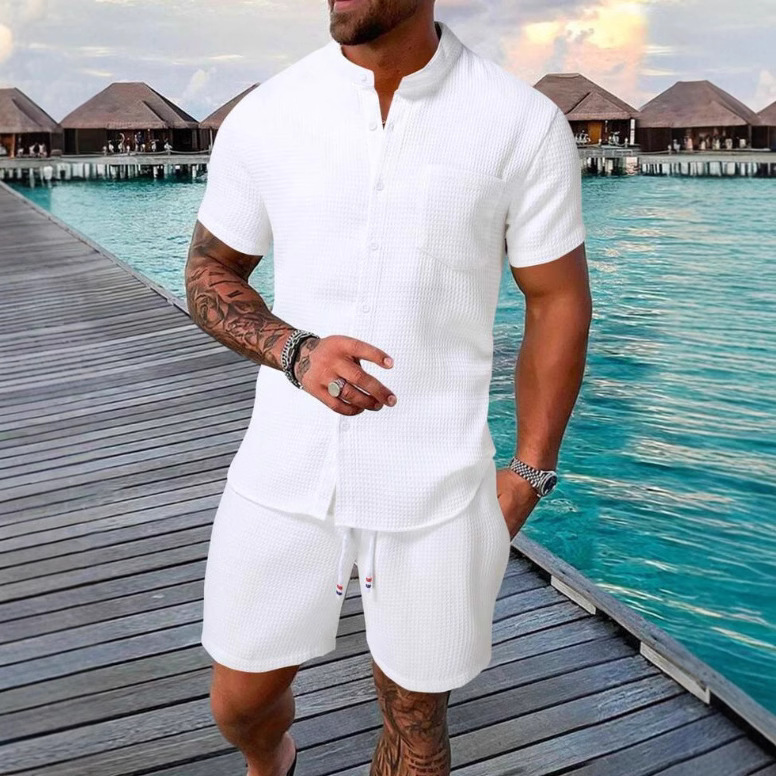 Summer 2025 Amazon Casual 2-Piece Men's Casual Solid Color Texture Short Sleeve Shirt and Shorts Set