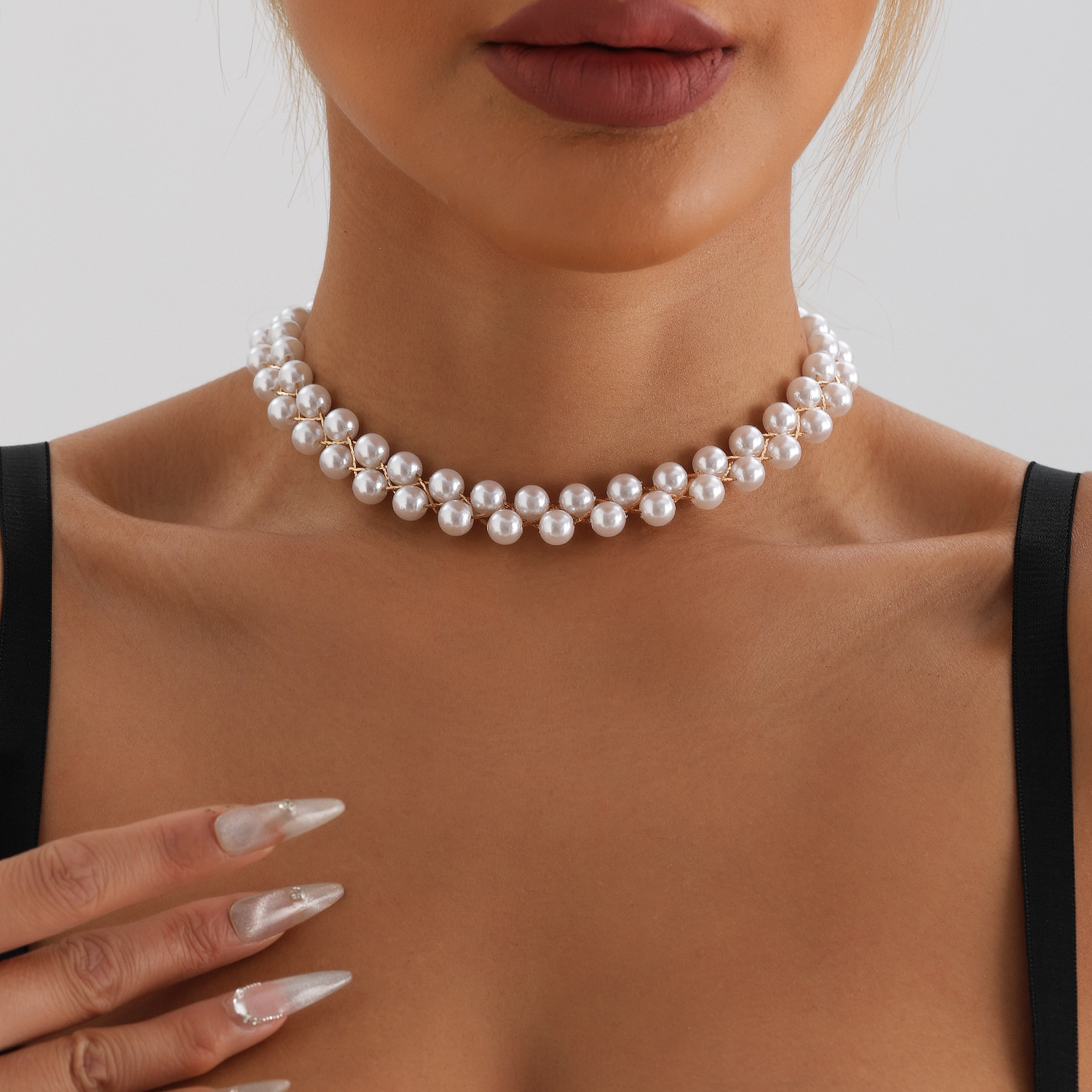 Colar de pérolas elegante feminino gargantilha longa minimalista_voghion.com