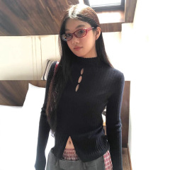 设计感高领毛衣女秋季黑色内搭长袖上衣慵懒高级感套头复古针织衫