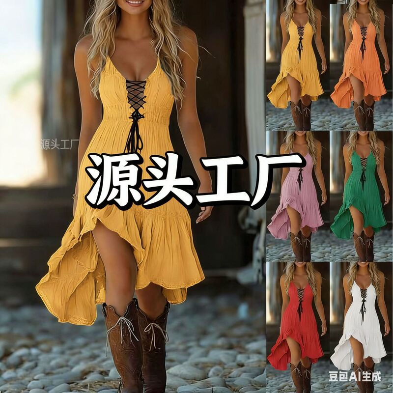 Cross-Border 2025 Halloween Hot-Selling European and American Women's Retro Gothic Dress Casual Drawstring Lace Style