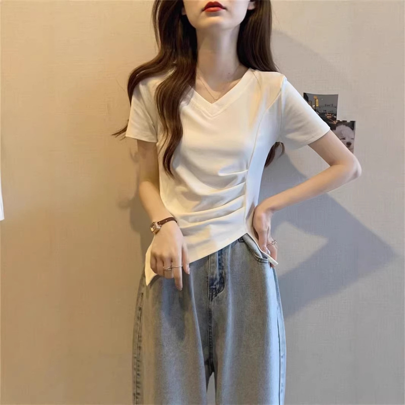 【Cross-Border】Women's T-Shirt 2026 Summer Irregular V-Neck Pleated Slim-Fit Top with Regular Shoulders and Short Sleeves