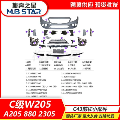 Applicable to Mercedes-Benz C-Class W205 19+ Model A2058802305 Front Bumper Assembly, Including Old-To-New Conversion Parts and Grille (Zhongwang)