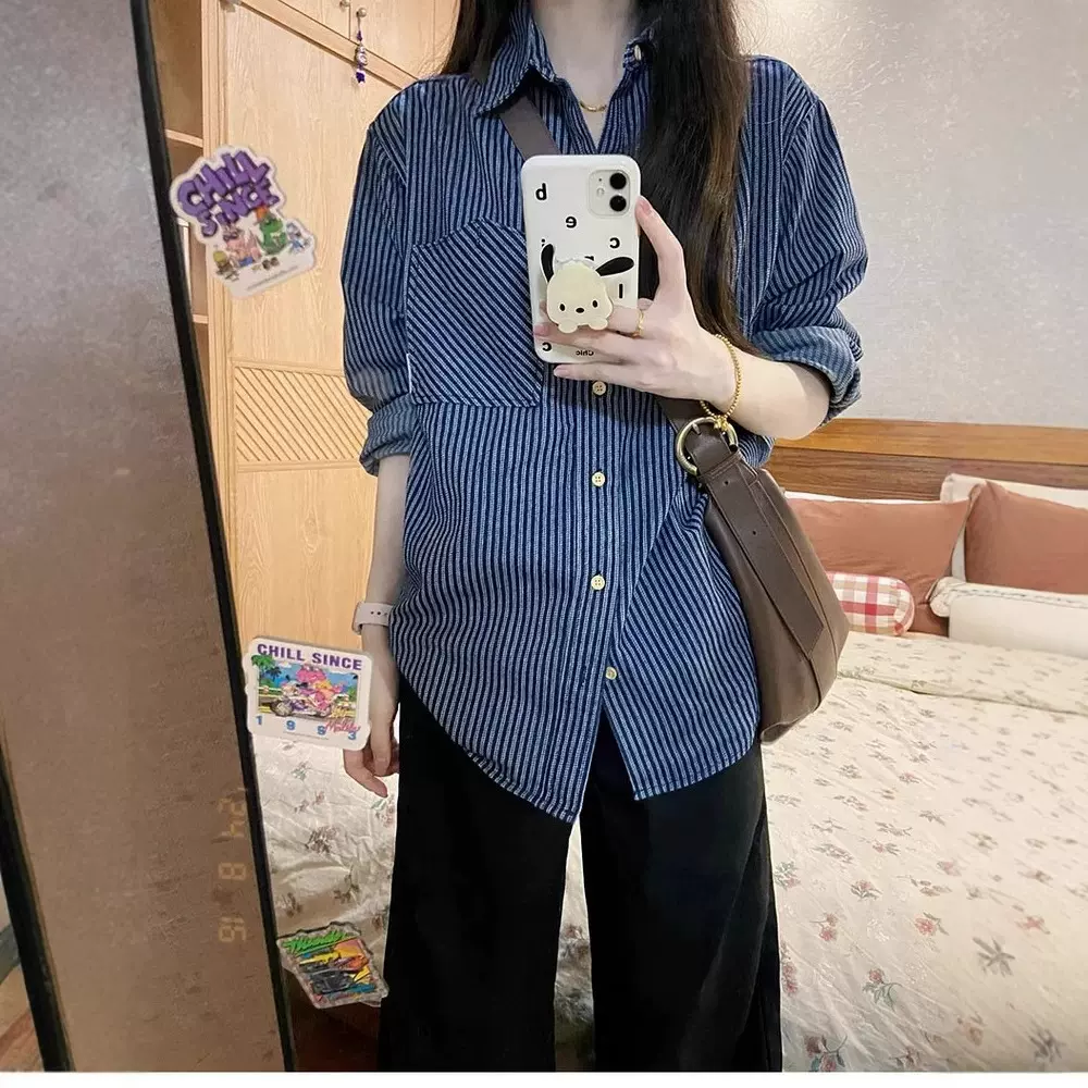 复古条纹长袖女式衬衫春夏新款日系休闲蓝色衬衣外套宽松百搭上衣