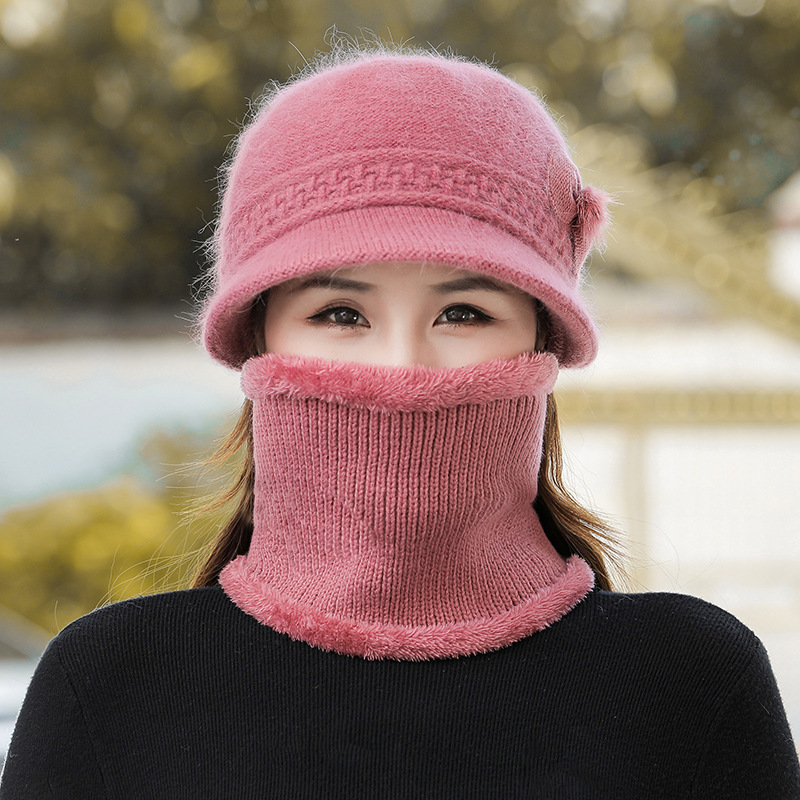 中高年の帽子の女性秋冬のウサギの毛のニットの盆栽の帽子の冬の老人のお母さんの帽子のおばあさんの帽子のマフラーのスーツ