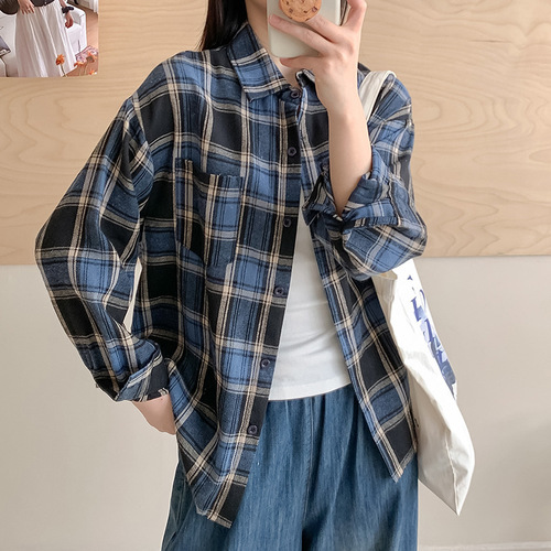 Spring and Autumn Grid Shirt for Women - New Hong Kong Style Loose Fashion Trend Top - American Retro High Street Design Sensory Blouse