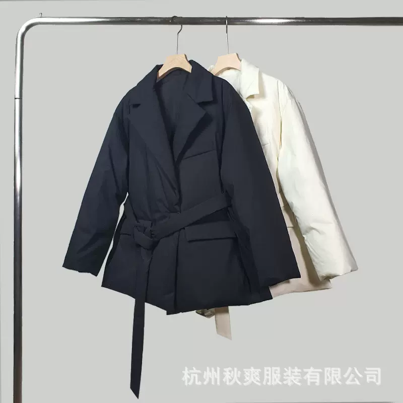 秋冬百搭通勤韩国西装式中长款系带鸭绒羽绒服外套女