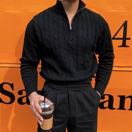 Half-Zip Knitwear Men's Autum 2025 New Korean Style Niche Versatile Thick Hemp Flower Design Lapel Knitwear Jacket