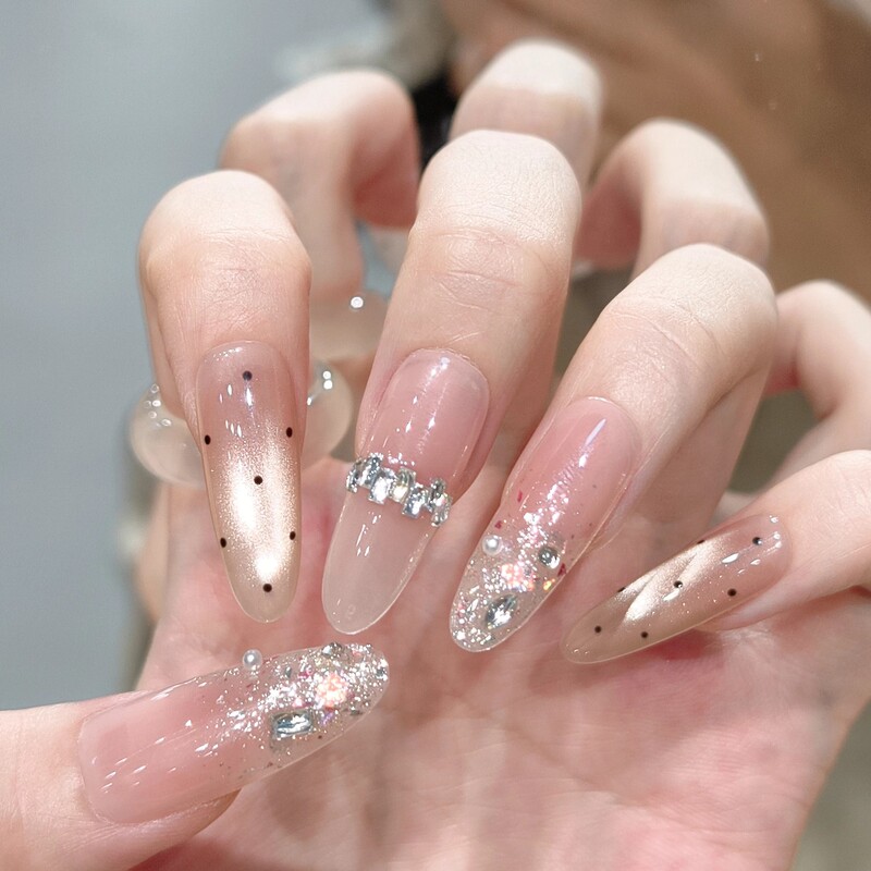 Sparkling Champagne Color Cat Eye Nail Stickers, Long Zirconia and Diamond-Studded French Simple Handmade Wearable Nails Wholesale Sparkling Champagne Color Cat Eye Nail Stickers, Long Zirconia and Diamond-Studded French Simple Handmade Wearable Nails Wholesale
