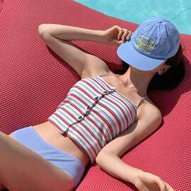 ins风韩国甜美少女复古条纹大小胸吊带分体游泳衣女泳装swimsuit