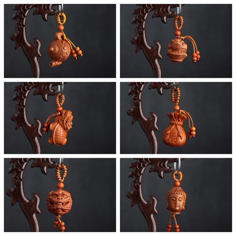Factory supply peach wood car key chain carved three-dimensional sword brave lucky bag four seasons safe buckle abacus and other keys