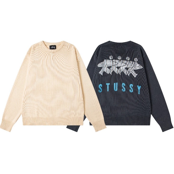 Stussy American-Style Trendy Brand Fw24 Knitted Sweater with Logo Print on the Back, Unisex Base Layer Top