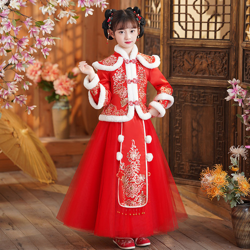 New girls hanfu children under winter with velvet Chinese wind Tang Suit Chinese Princess  Dress baby qipao winter girl suits the Chinese New Year