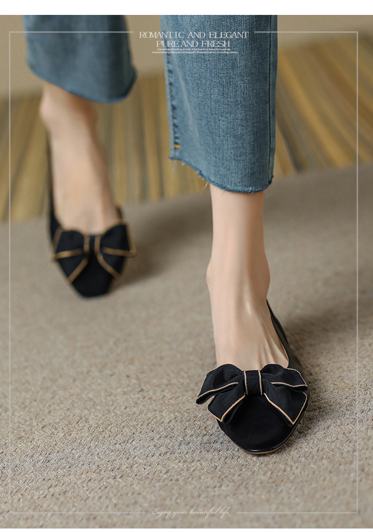 Sandal nữ bít mũi đế bệt phong cách cổ điển nơ phối màu — Màu đen chi tiết 4
