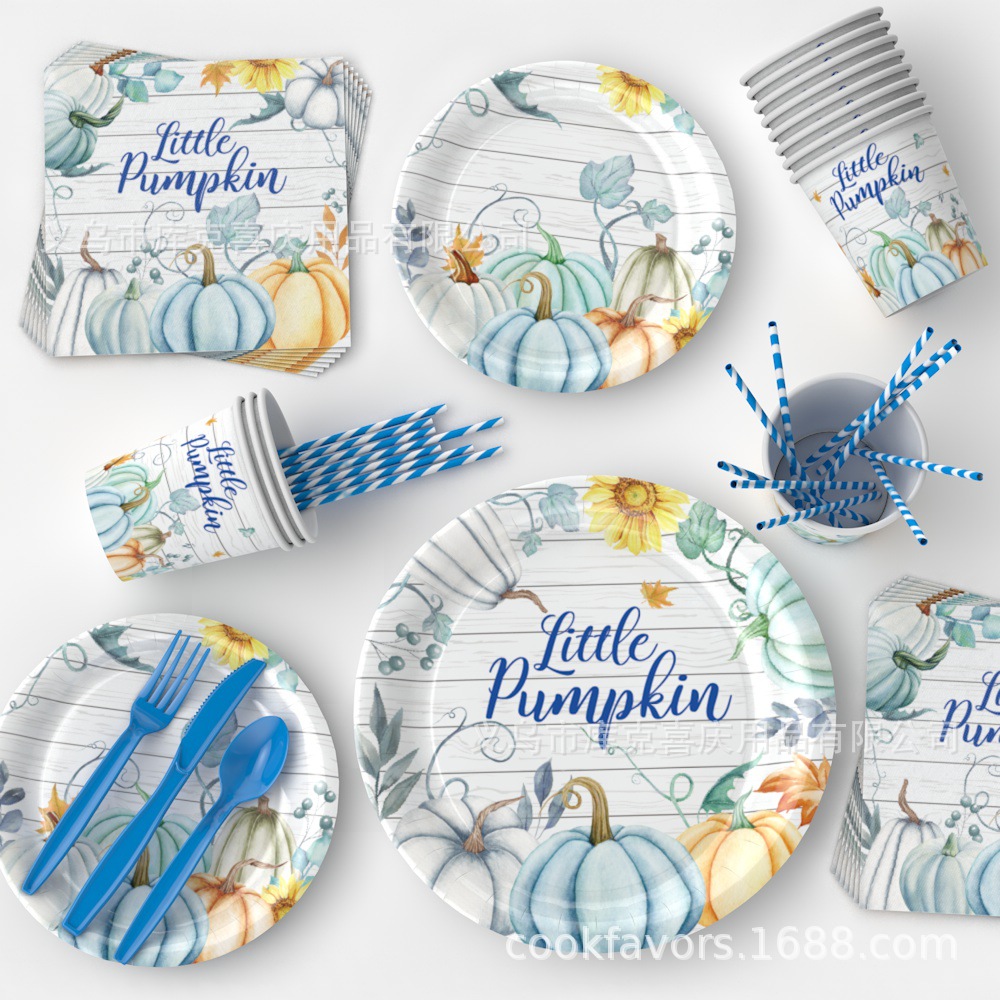 Juego de vajilla de fiesta con temática de calabaza pequeña de Acción de Gracias transfronteriza Bandeja de papel para baño de bebé Taza de papel Bandera de tracción Suministros de decoración image 3