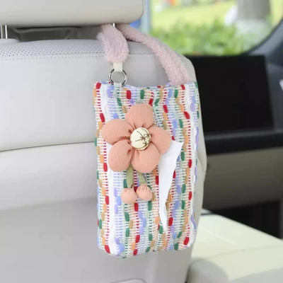 Fabric Creative Car Tissue Box Advanced Sense Car Hanging Car Paper Box Car Paper Box Car Paper Box Hanging Bag Goddess (Car tissue box/set) - color-striped-tissue-paper-snow-teeth-orange-blossoms