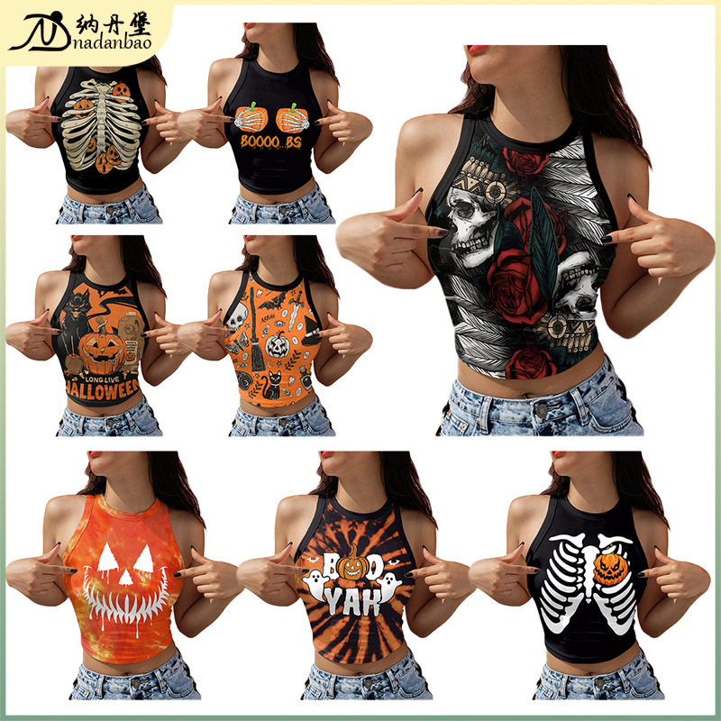 New Halloween Costume for Foreign Trade, Summer Style, European and American Skeleton Skull Digital Print Fashion Short Vest Top