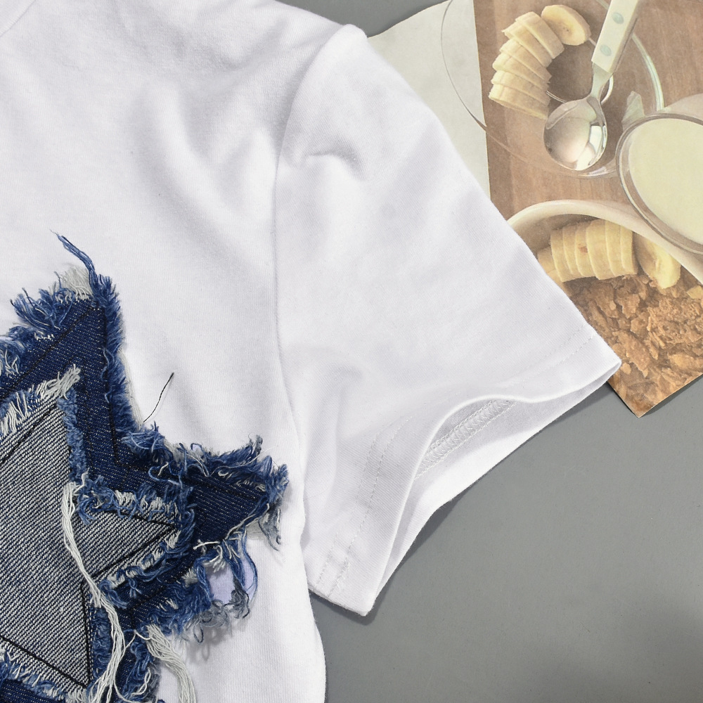 Autumn Summer Stitching Tassel Five Pointed Star Cropped round Neck T shirt for Women